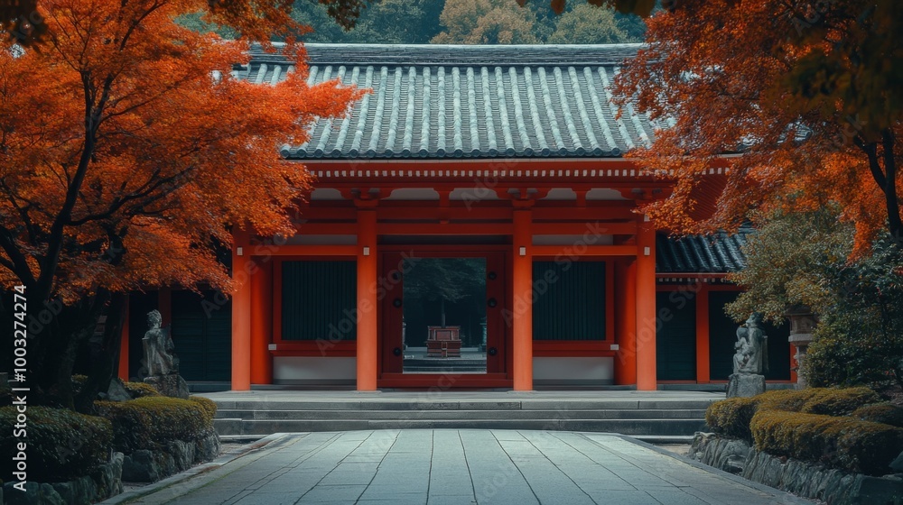 A traditional Japanese temple with red pillars and a tiled roof, surrounded by vibrant autumn foliage. A traditional Japanese temple with red pillars and a tiled roof, surrounded by vibrant autumn foliage.