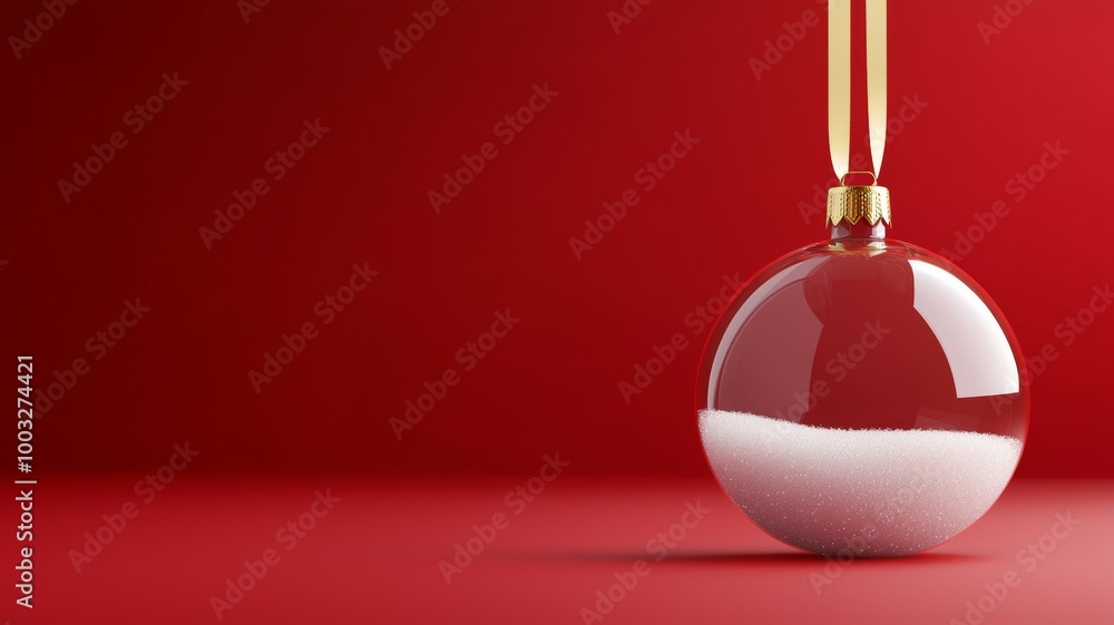 A red background with a glass ornament with a gold ribbon hanging from it A red background with a glass ornament with a gold ribbon hanging from it