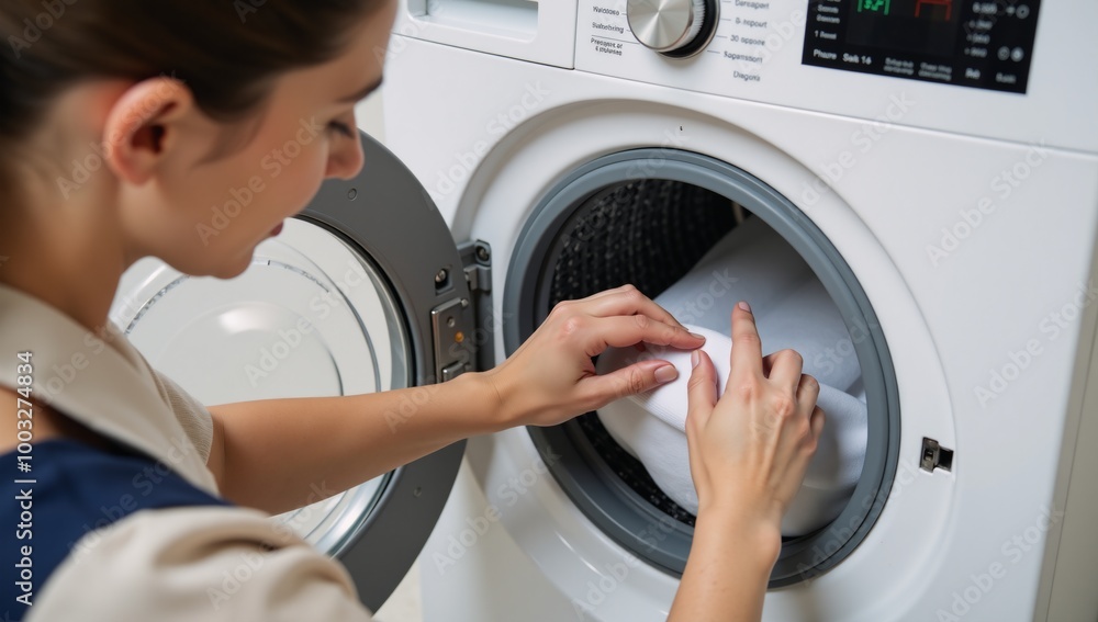 Female selecting optimal laundry wash with focus on efficiency for energy conservation Female selecting optimal laundry wash with focus on efficiency for energy conservation