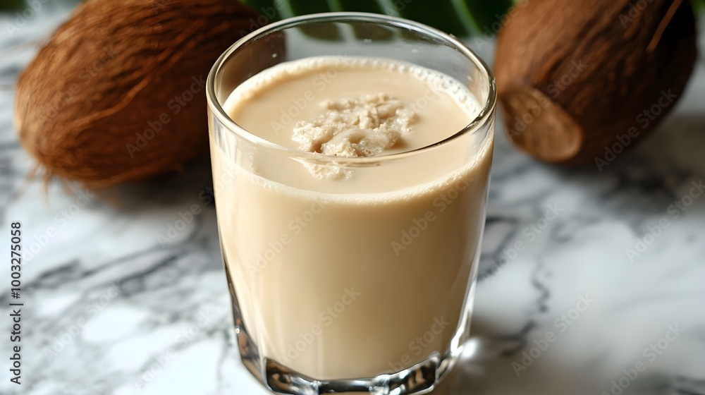 a glass filled with a creamy, light brown beverage. There is a sprinkle of some kind of powder or small chunks on top of the drink. In the background, there are two whole coconuts resting on a marble a glass filled with a creamy, light brown beverage. There is a sprinkle of some kind of powder or small chunks on top of the drink. In the background, there are two whole coconuts resting on a marble