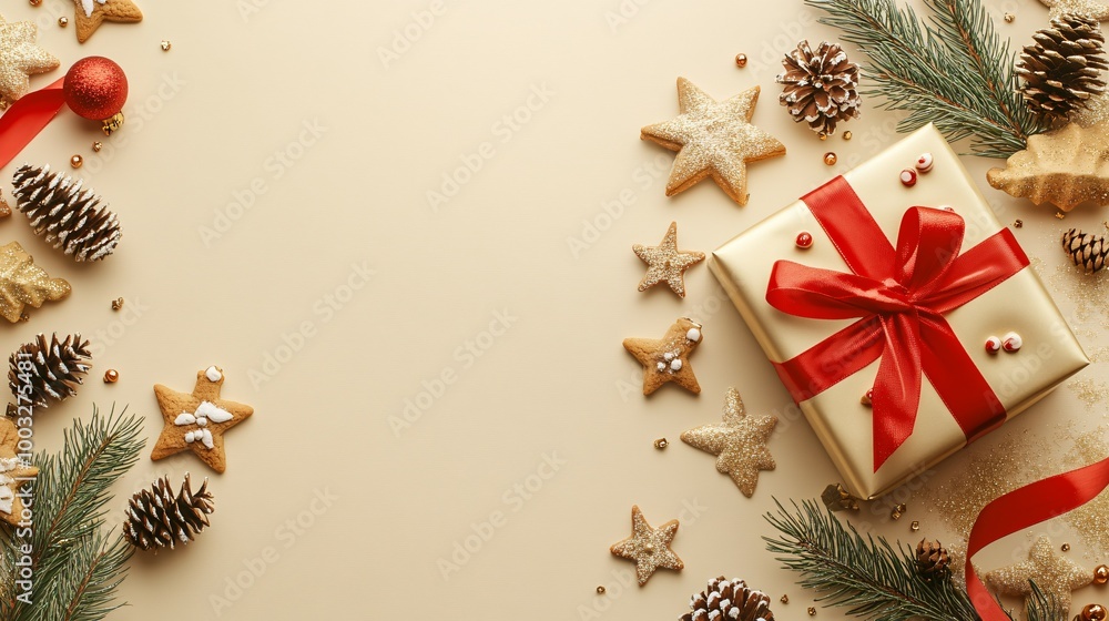 Obraz premium Festive Christmas Background with Gift, Pine, and Cookies