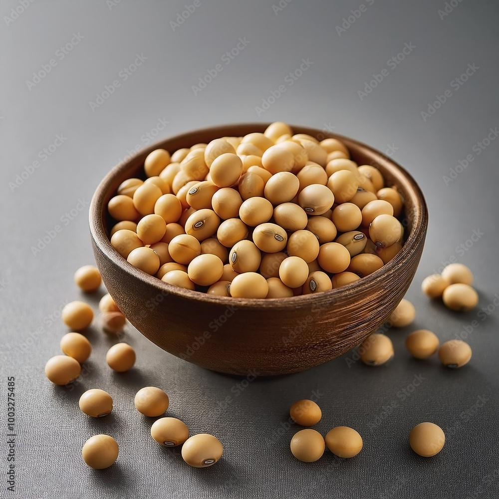 Soybeans in a bowl, on gray background Soybeans in a bowl, on gray background