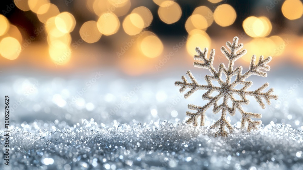 A snowflake sits on top of a snowy surface A snowflake sits on top of a snowy surface