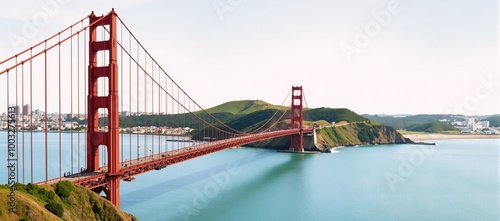 Watercolor depiction of Golden Gate Bridge amidst San Francisco skyline architecture backdrop