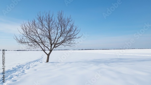 A lone tree stands in the snow, with a clear blue sky above it