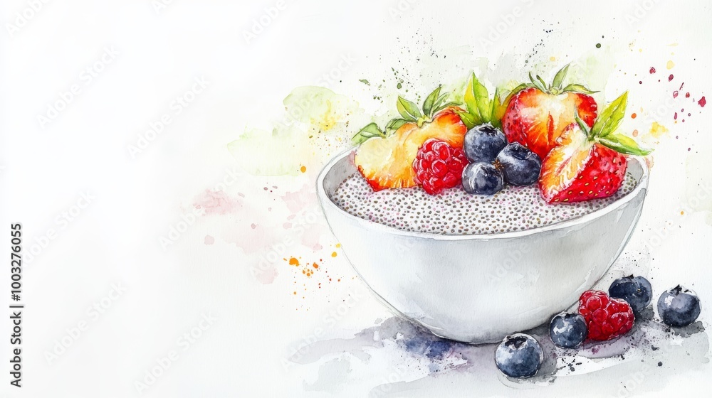 Watercolor illustration of chia pudding in a bowl topped with strawberries, blueberries, and raspberries, isolated on a white background Watercolor illustration of chia pudding in a bowl topped with strawberries, blueberries, and raspberries, isolated on a white background