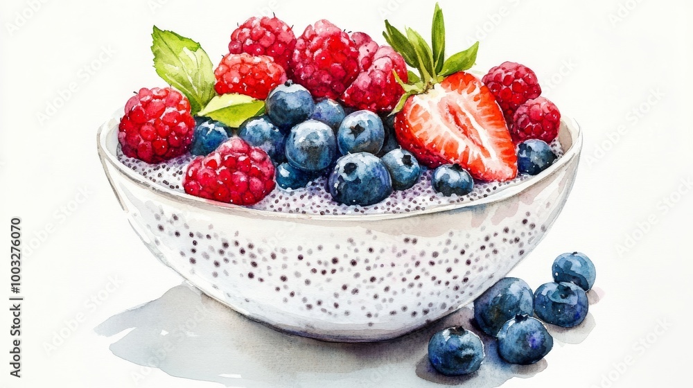 Watercolor painting of chia pudding bowl topped with fresh raspberries, blueberries, and a strawberry, isolated on a clean white background Watercolor painting of chia pudding bowl topped with fresh raspberries, blueberries, and a strawberry, isolated on a clean white background
