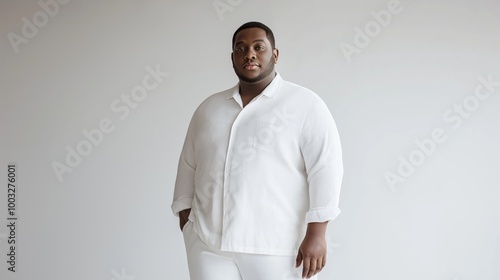 Confident young African man in a white shirt standing against a neutral background, hands in pockets, expressing calm and self-assurance photo