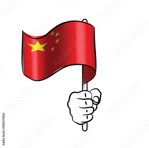 Scalable and editable eps vector Outline line stroke contour art of hand holding national waving flag of China