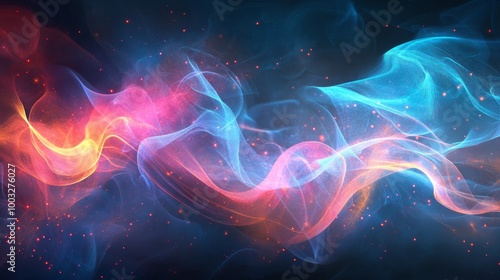 Abstract flowing colorful lines of light in vibrant blue, pink, and orange hues, creating a magical, ethereal atmosphere with soft glowing particles in a dark background