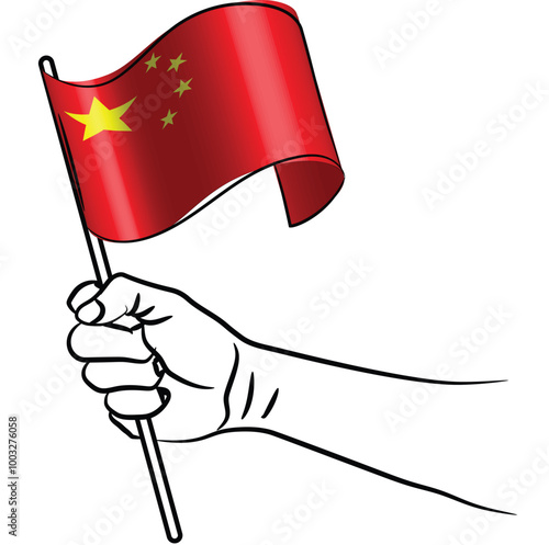 Scalable and editable eps vector Outline line stroke contour art of hand holding national waving flag of China