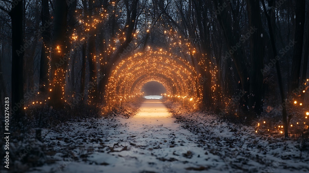 Fototapeta premium Snowy landscape with tunnel adorned by glowing lights and trees picture