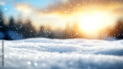 A snowy landscape with a bright sun in the background