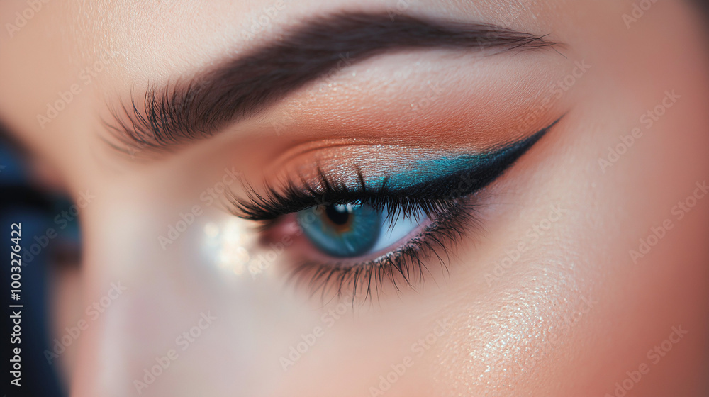 Fototapeta premium Beautiful young woman , makeup , clean skin. Makeup artist , eyelashes with mascara in a beauty salon . Eyelash extension , beautiful eyebrows
