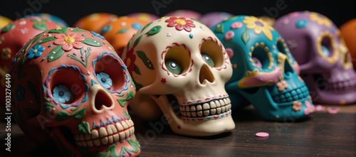 Colorful sugar skulls featuring vibrant floral patterns honor cultural traditions during Dia de los Muertos