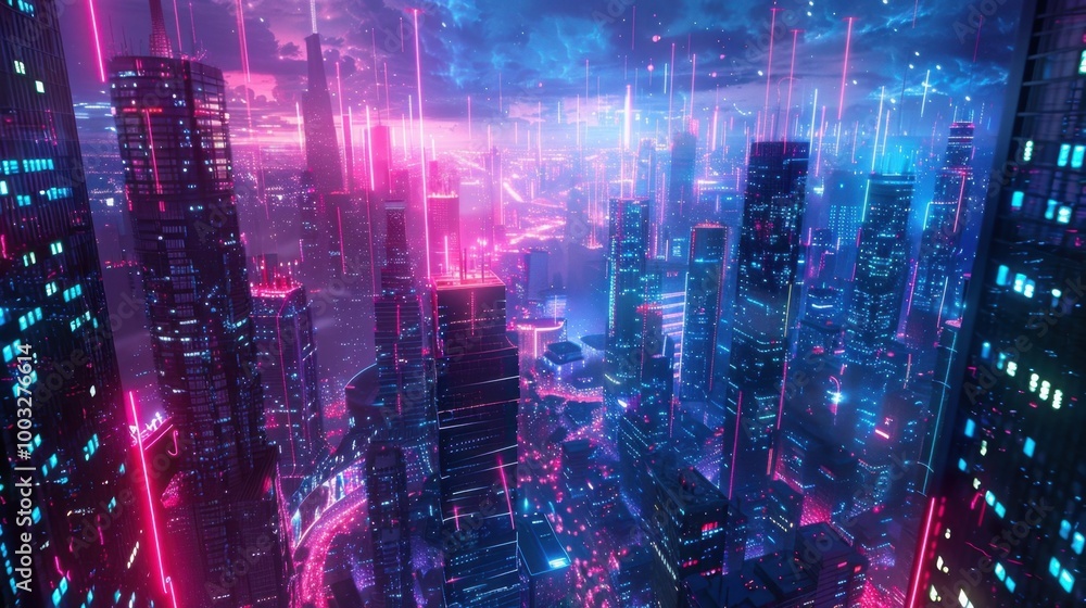 Obraz premium Mesmerizing Futuristic Cityscape Bathed in Vibrant Neon Lights and Glowing Ambiance