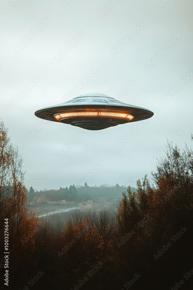 A mysterious UFO hovers silently over a foggy forest landscape, casting an eerie glow. A mysterious UFO hovers silently over a foggy forest landscape, casting an eerie glow.