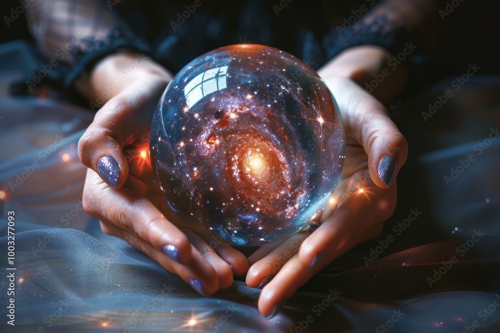 Mystical Hands Presenting a Cosmic Crystal Ball Revealing a Miniature Universe