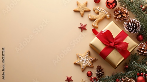 Christmas Decorations on a Beige Background with a Gift Wrapped in Gold Paper and Red Ribbon