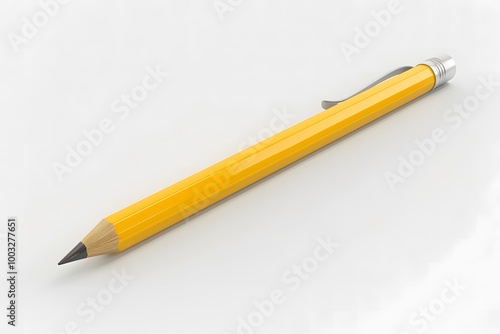 A 3D model of a yellow pencil with a sharp tip and eraser, positioned on a plain white background