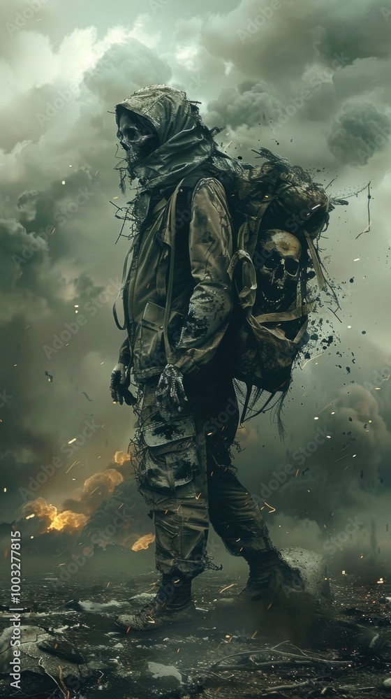 Naklejka premium Resilient Warrior Navigates the Perilous Landscape of a Dystopian Apocalypse