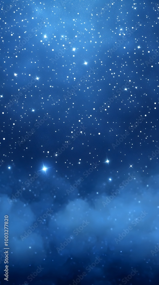 Obraz premium a night sky filled with numerous small, bright stars scattered across a deep blue background. The stars vary in brightness, with some appearing more prominent than others