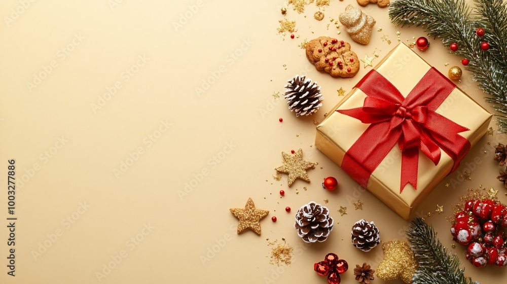 Obraz premium Gold Gift Box with Red Bow and Festive Christmas Decorations