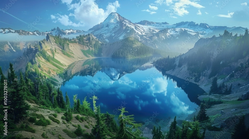 Naklejka premium Serene Reflection of Majestic Snow Capped Mountains in Pristine Alpine Lake Surrounded by Lush Evergreen Forests