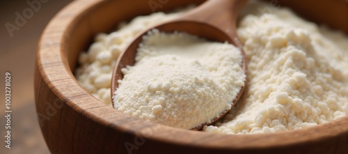 Close-up image of a floured spoon nestled within a bowl of flour rice or wheat photo