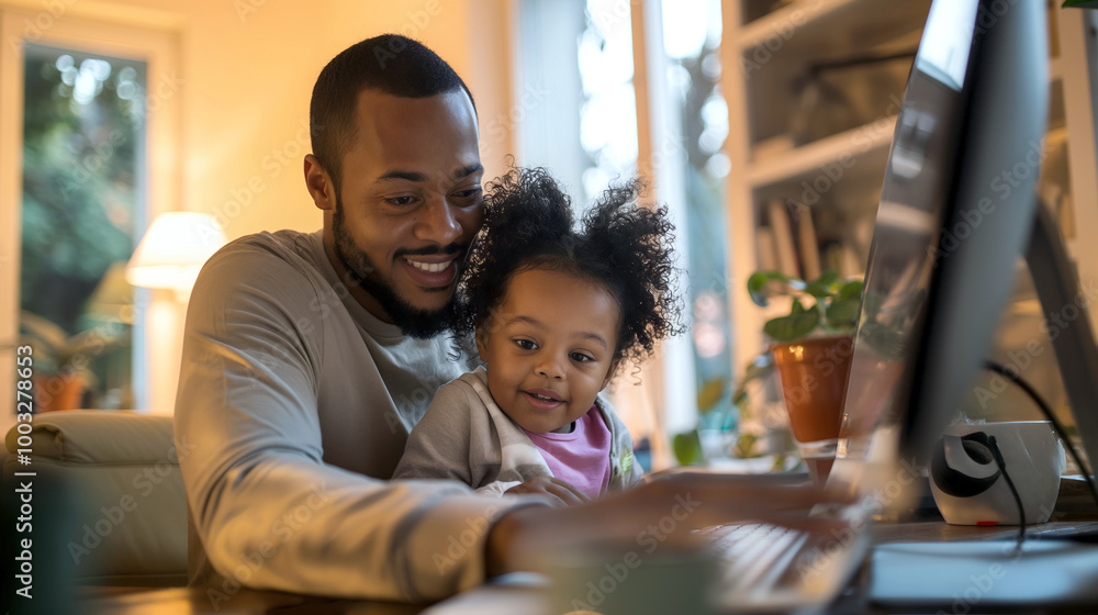 A father and his young daughter share a joyful moment as they work together on a computer in a warmly lit home environment during the day. A father and his young daughter share a joyful moment as they work together on a computer in a warmly lit home environment during the day.