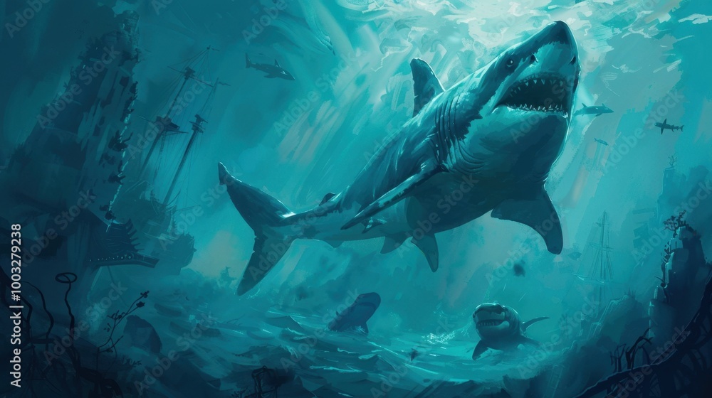 Fototapeta premium Thrilling Underwater Encounter with Majestic and Fearsome Oceanic Predator