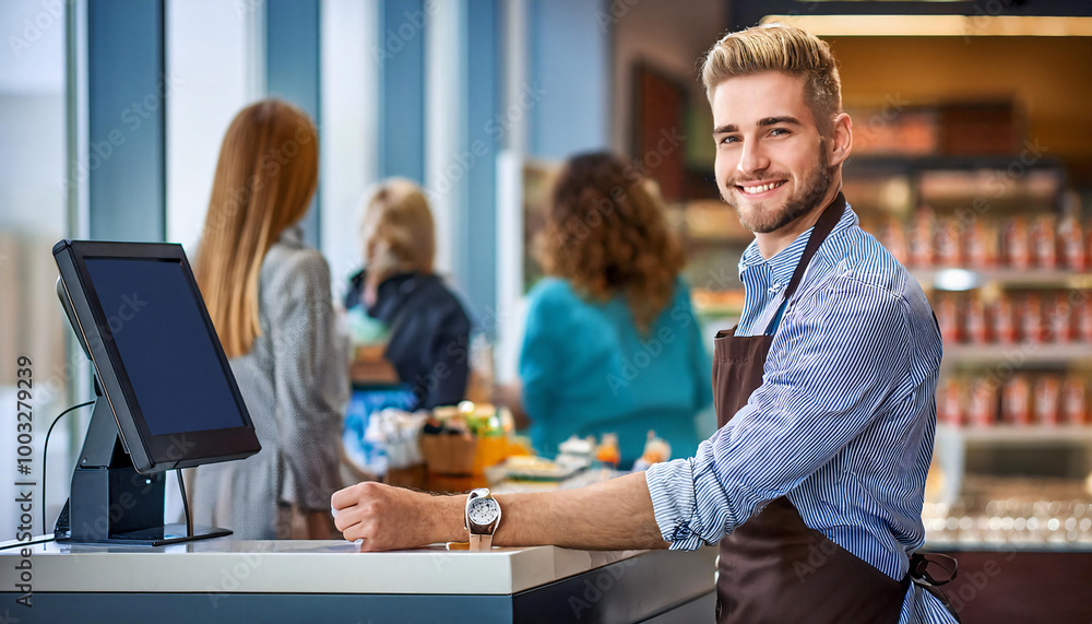 Obraz premium Smiling, young and attractive salesman, cashier serving customers