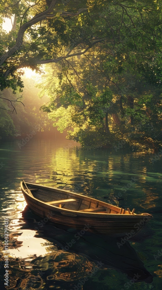 Tranquil Lakeside Forest with Drifting Rowboat during Golden Sunset Tranquil Lakeside Forest with Drifting Rowboat during Golden Sunset