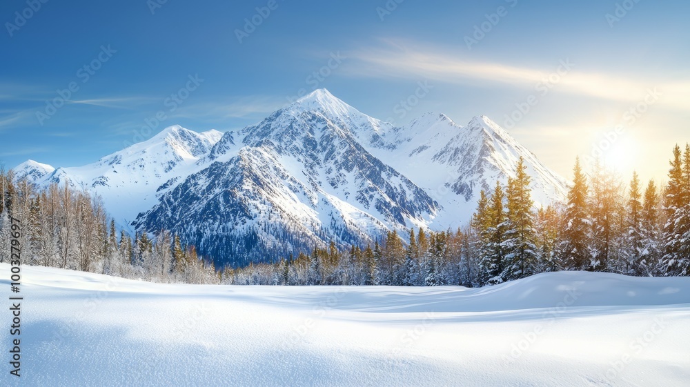 A mountain range with snow on the peaks and a clear blue sky A mountain range with snow on the peaks and a clear blue sky