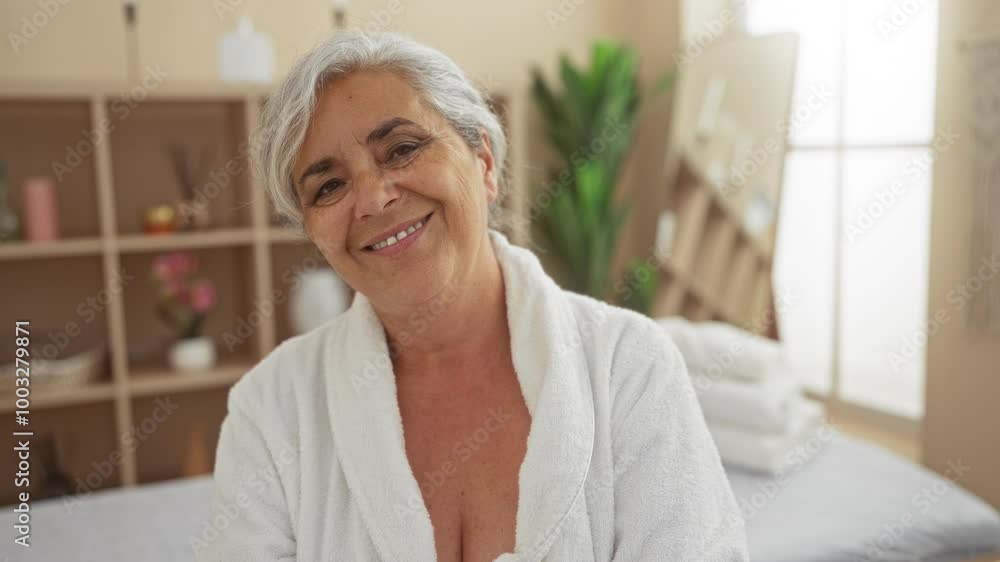 Woman enjoying spa in a wellness center with serene expressions, white robe, mature, grey hair, relaxing, indoor, serene, shelves, plants, relaxed, beautiful Woman enjoying spa in a wellness center with serene expressions, white robe, mature, grey hair, relaxing, indoor, serene, shelves, plants, relaxed, beautiful