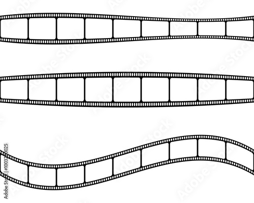 Set of blank curved and wavy film strips. Movie or photo camera tapes isolated on white background. Storyboard layouts. Vintage frames for photographic collage. Vector graphic illustration.