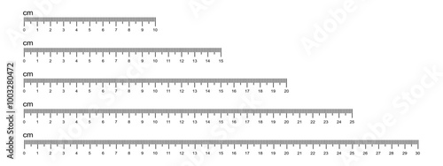 Set of ruler scales with 10, 20, 25 and 30 centimeters markup isolated on white background. Math or sewing length measurement tool layout. Vector graphic illustration.