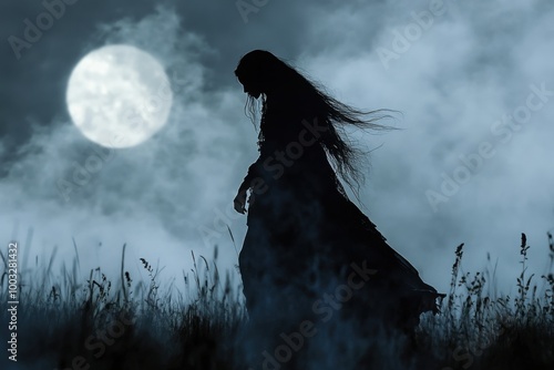 Banshee wailing on misty moor, with copy space