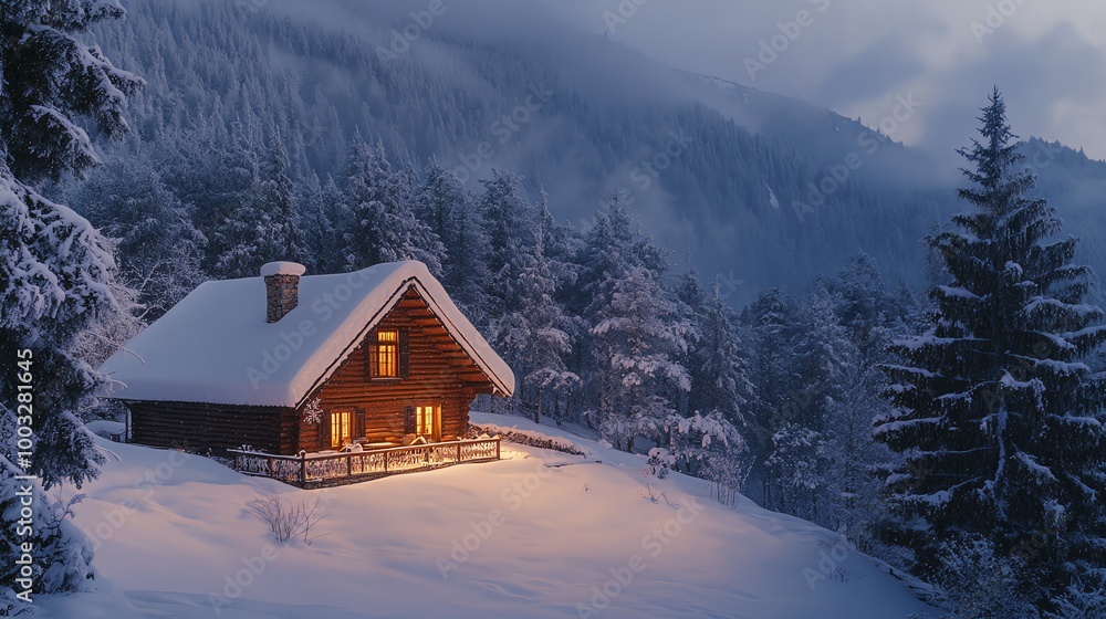 A cozy cabin sits nestled in a snowy winter forest, glowing with warm light. A cozy cabin sits nestled in a snowy winter forest, glowing with warm light.