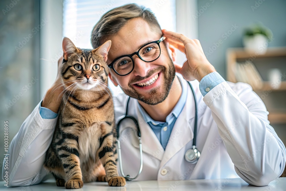 Handsome Veterinarian with Glasses Smiling at the Camera While Stroking a Healthy Cat in a Modern Animal Clinic Handsome Veterinarian with Glasses Smiling at the Camera While Stroking a Healthy Cat in a Modern Animal Clinic