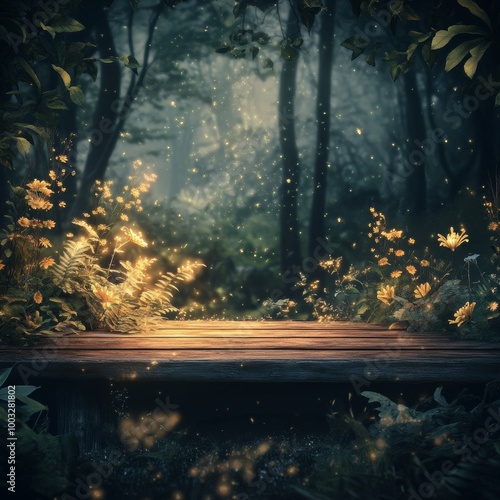 Wooden table in the forest at night. Photo in old color image style photo