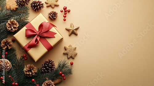 Gold Gift Box with Pine Branches and Festive Decorations on Tan Background