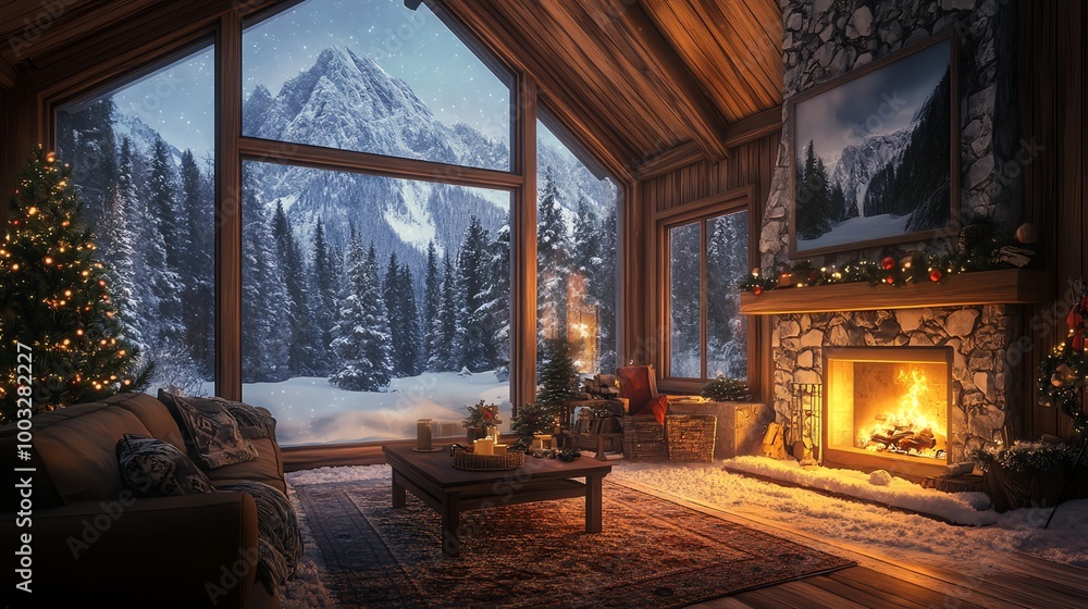 Cozy cabin with a fireplace and Christmas tree, overlooking a snowy mountain landscape. Cozy cabin with a fireplace and Christmas tree, overlooking a snowy mountain landscape.