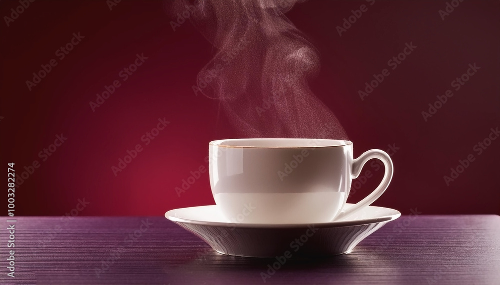 Tea cup with steam, on maroon background Tea cup with steam, on maroon background