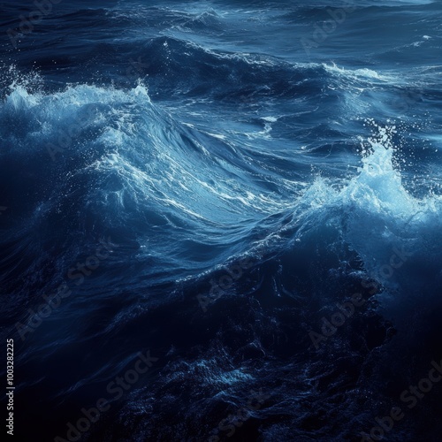 High-resolution image of dark ocean waves, dynamic motion and energy concept.