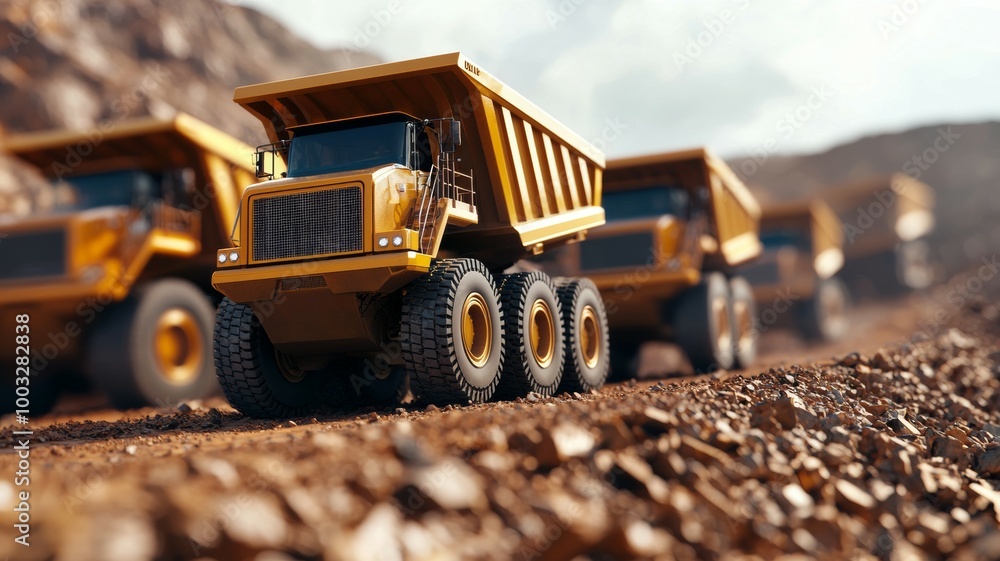 Obraz premium A yellow dump truck is driving down a dirt road