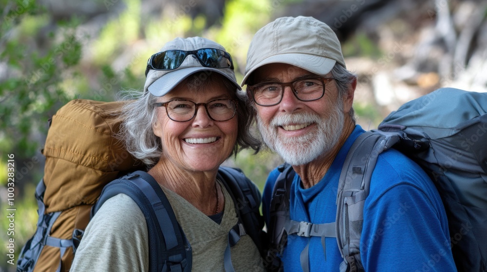 Senior couple with backpacks enjoying a hike in the woods. Outdoor adventure and healthy lifestyle concept. Senior couple with backpacks enjoying a hike in the woods. Outdoor adventure and healthy lifestyle concept.