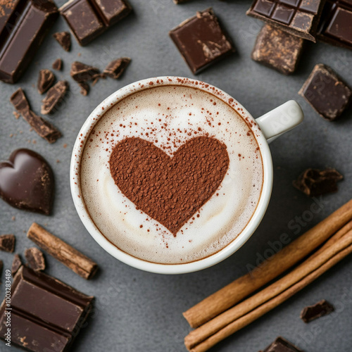 Cup of hot tasty coffee with coffe beabs, cinnamon and chocolate in the background, top down view. Heart shaped decor on the coffee. Square frame for instagram post. photo