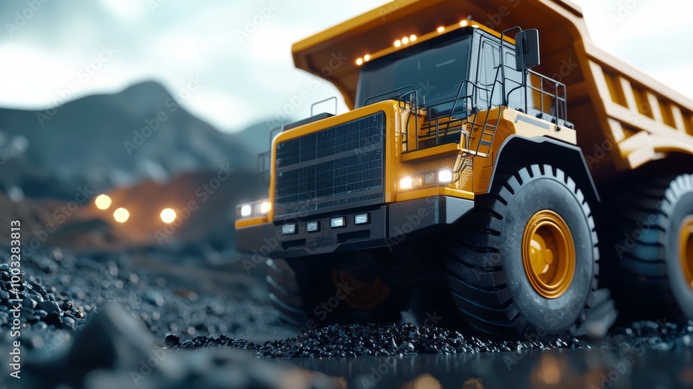 A large yellow dump truck is driving through a rocky, dark area A large yellow dump truck is driving through a rocky, dark area