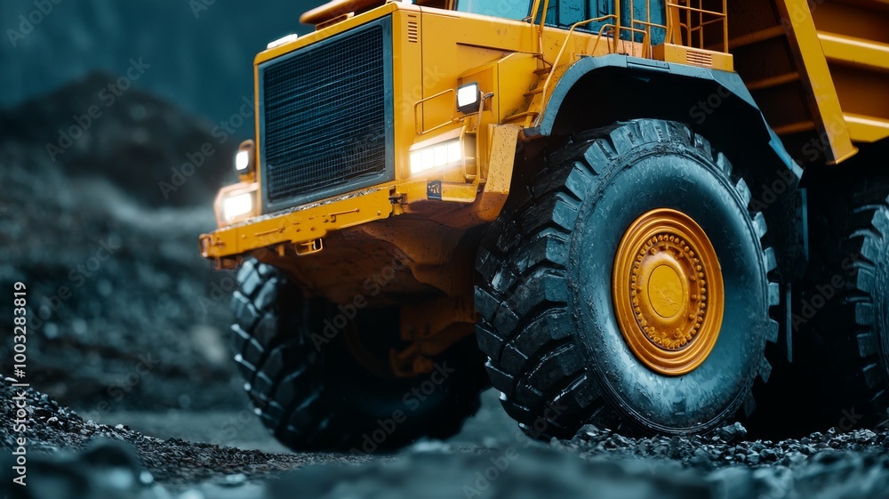 A yellow dump truck is driving on a rocky road A yellow dump truck is driving on a rocky road